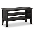 A dark wooden console table with two shelves stands stationary, isolated against a white background.