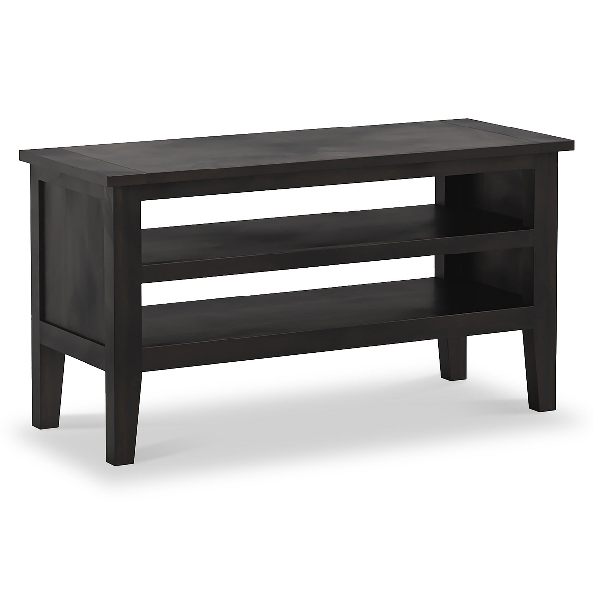 A dark wooden console table with two shelves stands stationary, isolated against a white background.