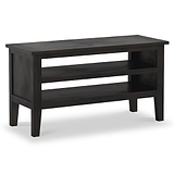 A dark wooden console table with two shelves stands stationary, isolated against a white background.