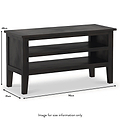 A dark wooden console table with dimensions labeled: height 48cm, depth 35cm, length 90cm. The table has two open shelves and four legs, with a label "Image for size information only."
