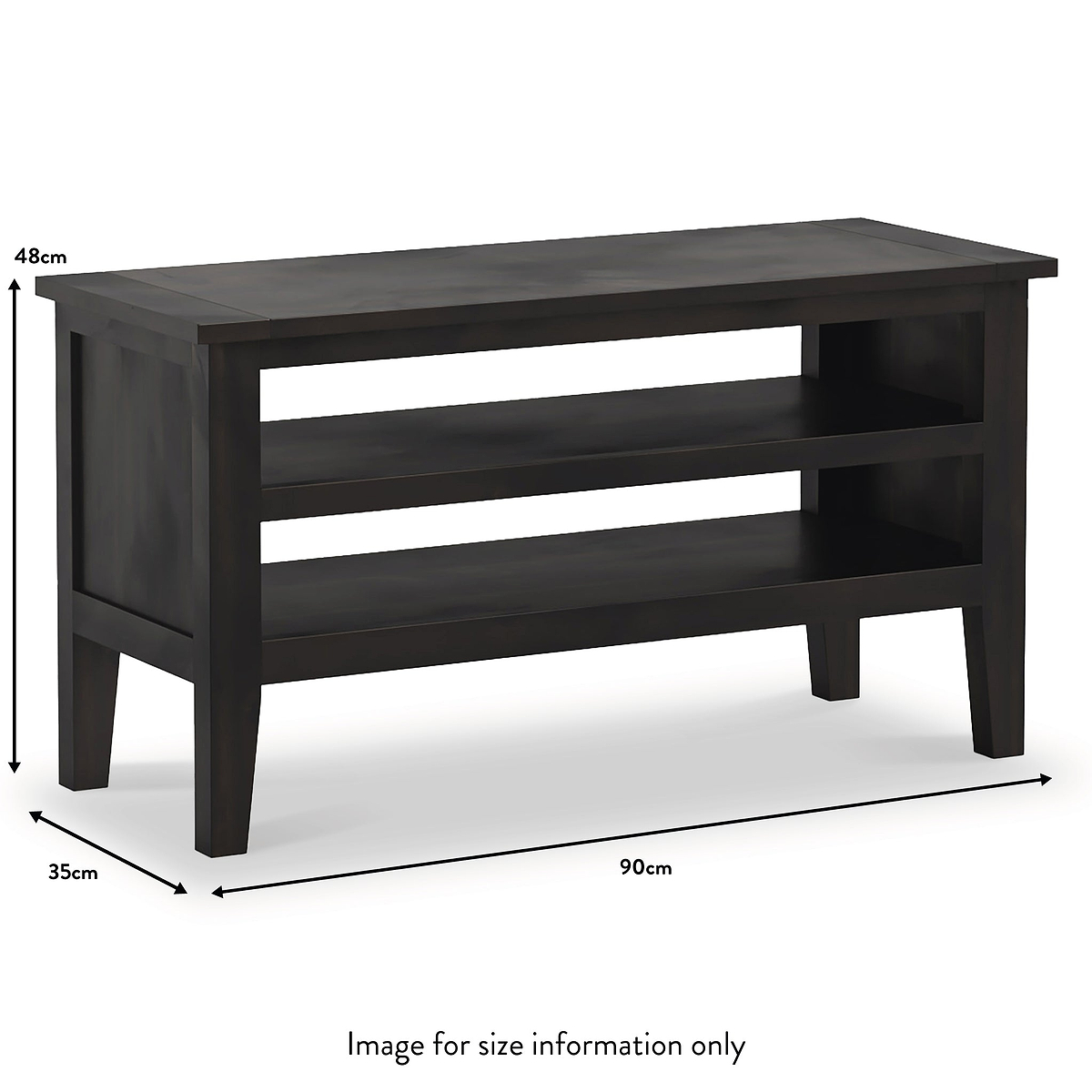 A dark wooden console table with dimensions labeled: height 48cm, depth 35cm, length 90cm. The table has two open shelves and four legs, with a label "Image for size information only."