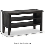 A dark wooden console table with dimensions labeled: height 48cm, depth 35cm, length 90cm. The table has two open shelves and four legs, with a label "Image for size information only."