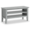 A gray wooden console table with two shelves stands idle against a white background.