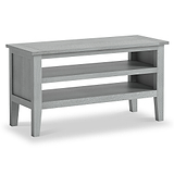 A gray wooden console table with two shelves stands idle against a white background.