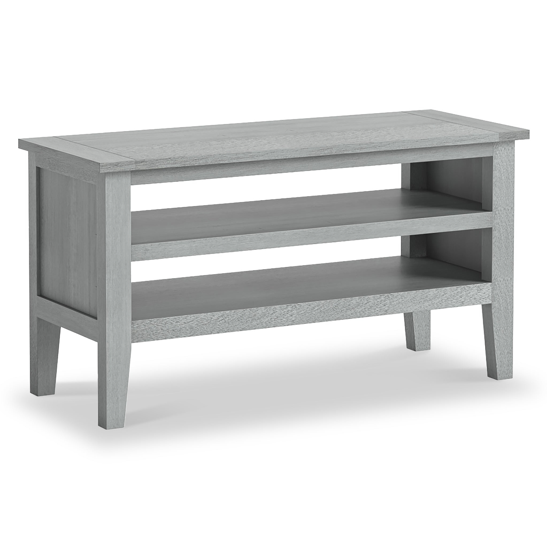 A gray wooden console table with two shelves stands idle against a white background.