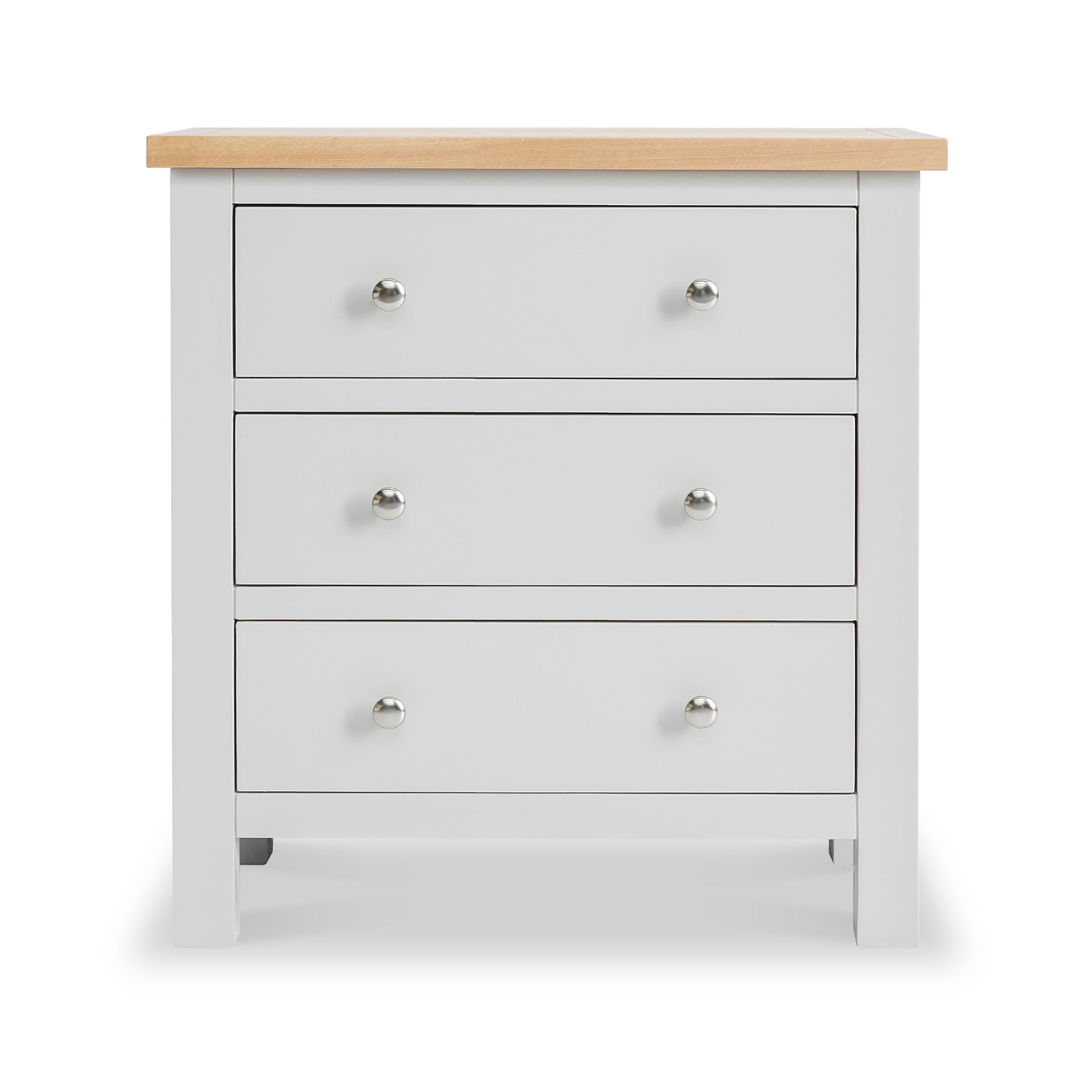 A white three-drawer chest with a natural wood top and round silver knobs on a plain background.