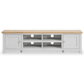 A wooden-top television stand with a gray base features open shelving and two cabinets, against a white background, with no visible activity or text.