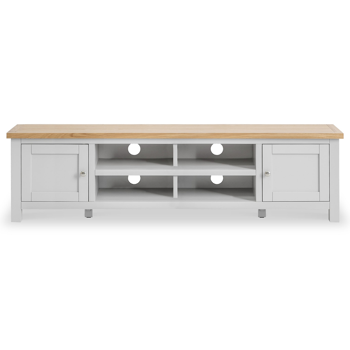 A wooden-top television stand with a gray base features open shelving and two cabinets, against a white background, with no visible activity or text.