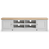 A wooden-top television stand with a gray base features open shelving and two cabinets, against a white background, with no visible activity or text.