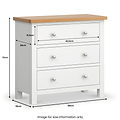 A white three-drawer chest with a wooden top, annotated with dimensions: 75cm high, 80cm wide, 36cm deep. The drawers are marked at 15.5cm and 63.5cm wide. Text: "Image for size information only".