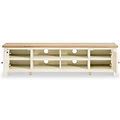A long, low wooden media console with open shelves and circular cutouts for handles, resting on short legs, against a white background.