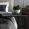 A succulent plant sits on a marble table beside a plush sofa in a cozy, modern living room setting.