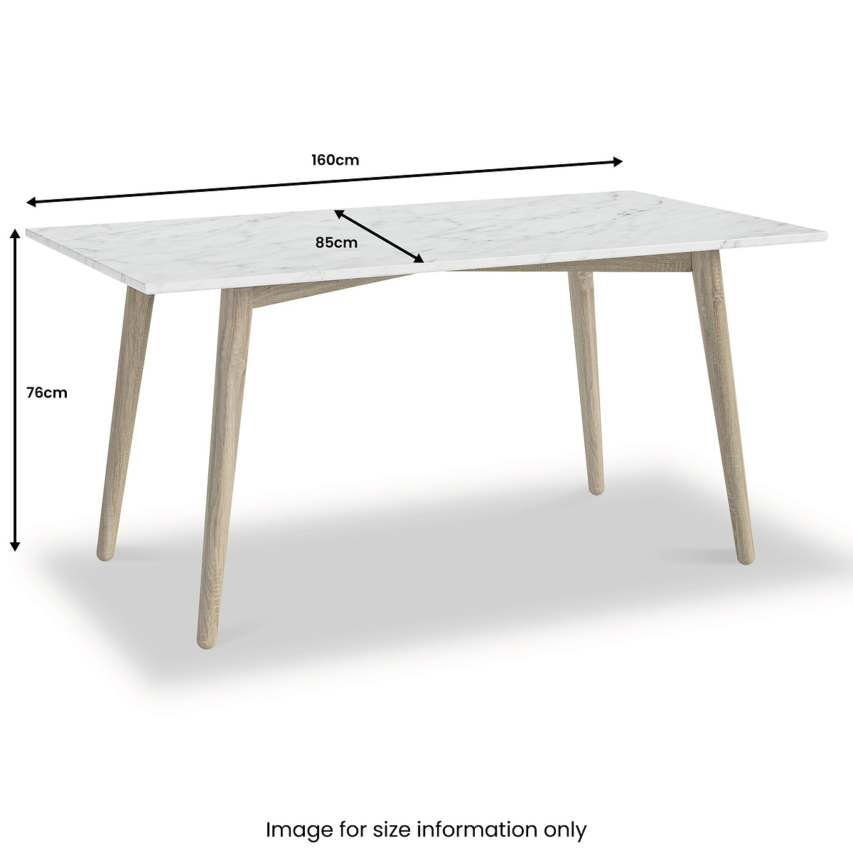 A marble-patterned table with dimensions labeled: 160cm in length, 85cm in width, and 76cm in height, against a white background. Text reads "Image for size information only."