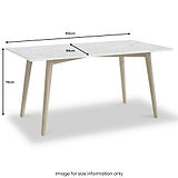 A marble-patterned table with dimensions labeled: 160cm in length, 85cm in width, and 76cm in height, against a white background. Text reads "Image for size information only."