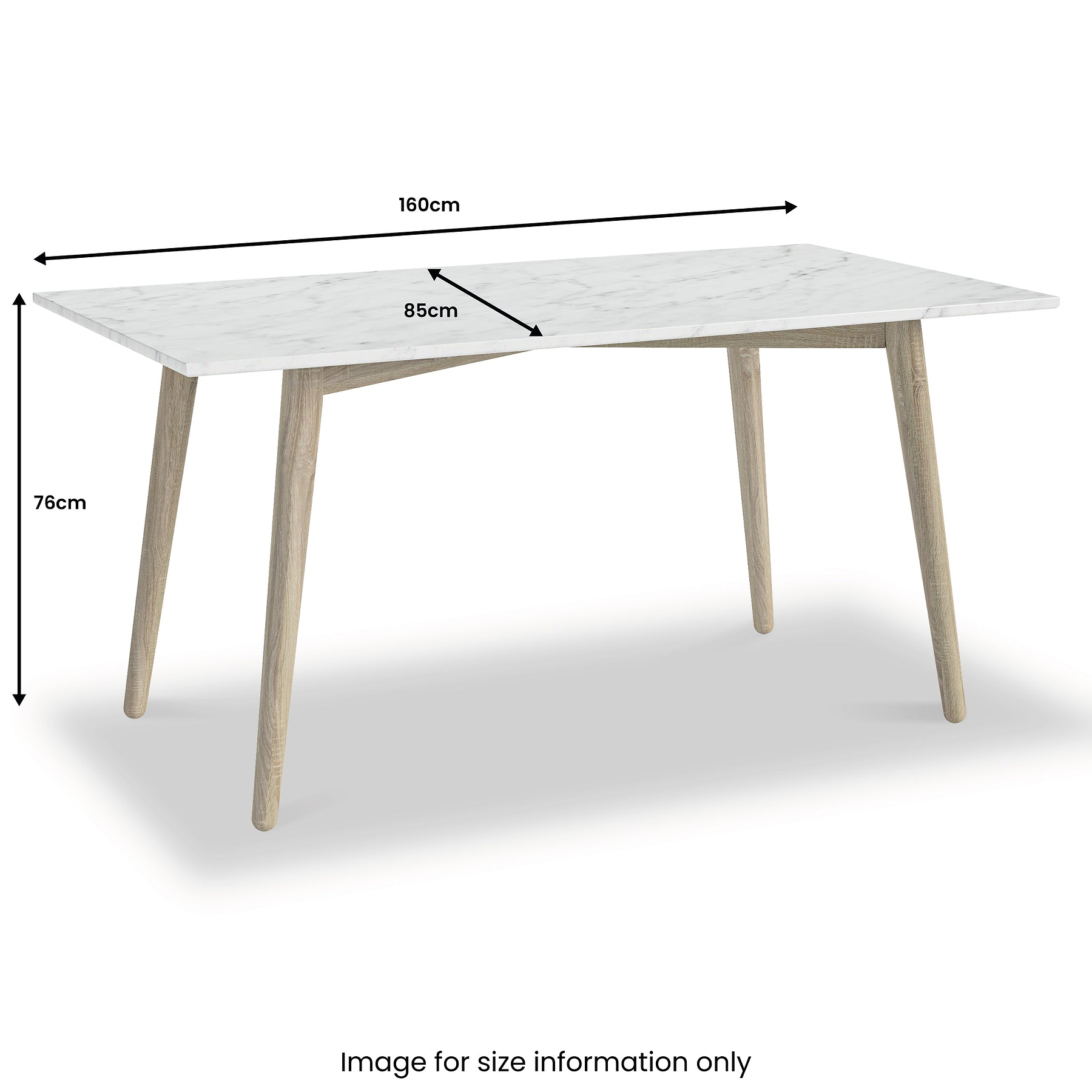 A marble-patterned table with dimensions labeled: 160cm in length, 85cm in width, and 76cm in height, against a white background. Text reads "Image for size information only."
