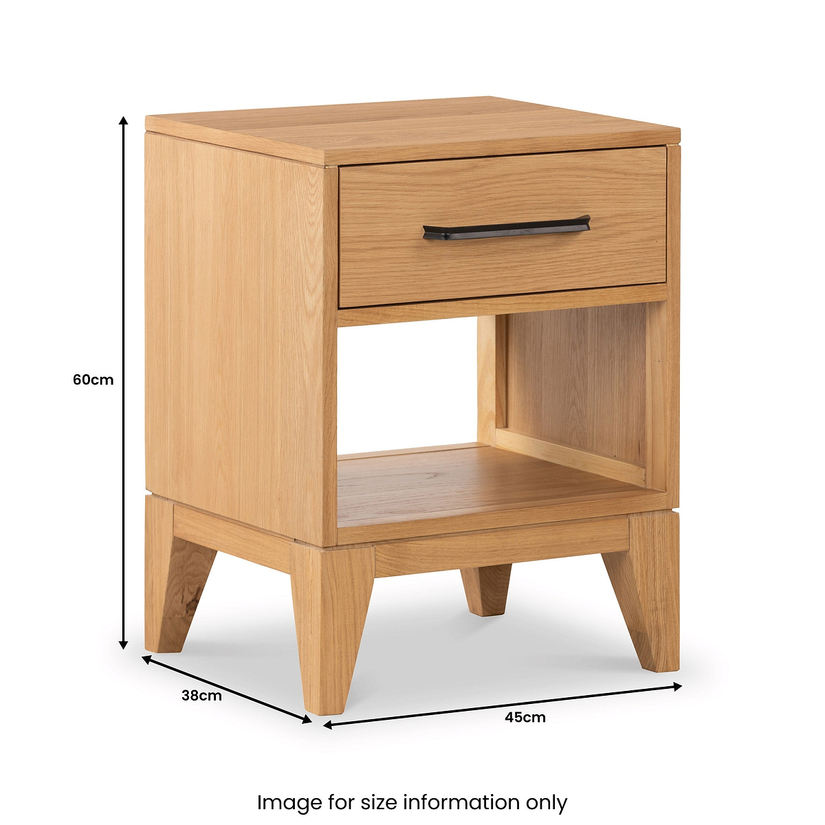 Sunburst Oak 1 Drawer Open Shelf Bedside Table dimensions