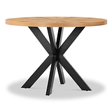 A round wooden table with black, intersecting, X-shaped metal legs, presented on a white background for emphasis.