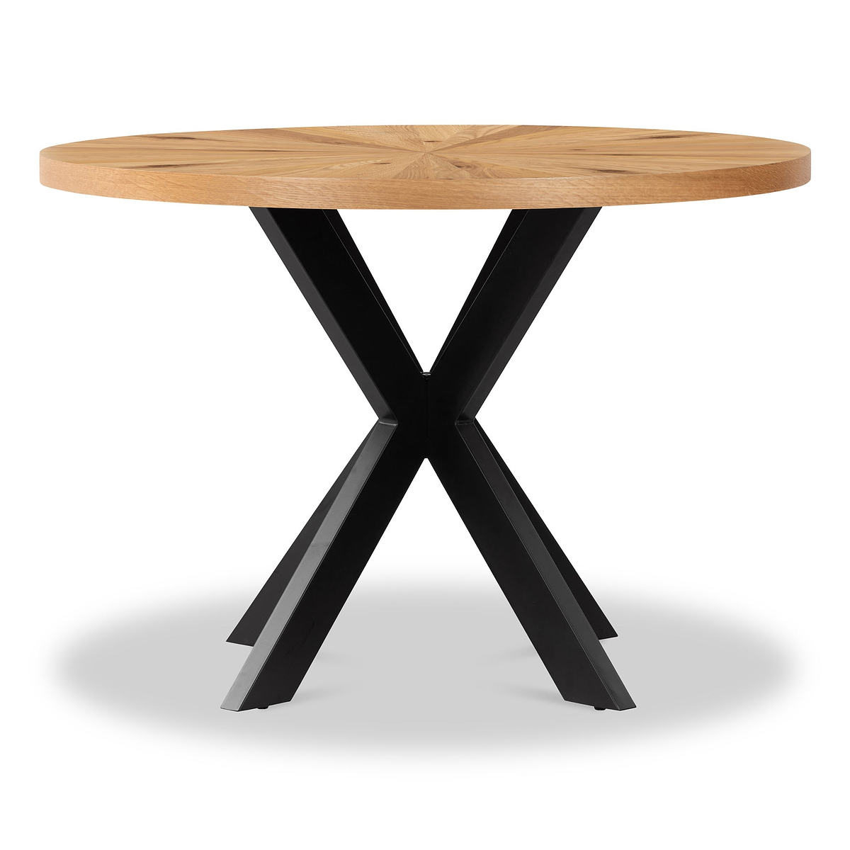 A round wooden table stands on a black X-shaped base, isolated against a white background.