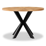 A round wooden table stands on a black X-shaped base, isolated against a white background.