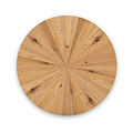 A round wooden table top with a radial pattern, centered on a white background.
