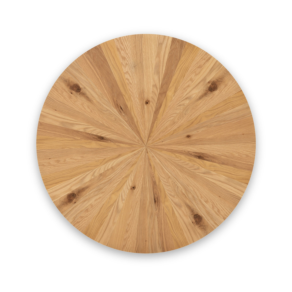 A round wooden table top with a radial pattern, centered on a white background.