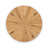 A round wooden table top with a radial pattern, centered on a white background.