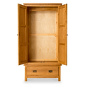 A wooden wardrobe with open doors and an empty drawer, against a white background.