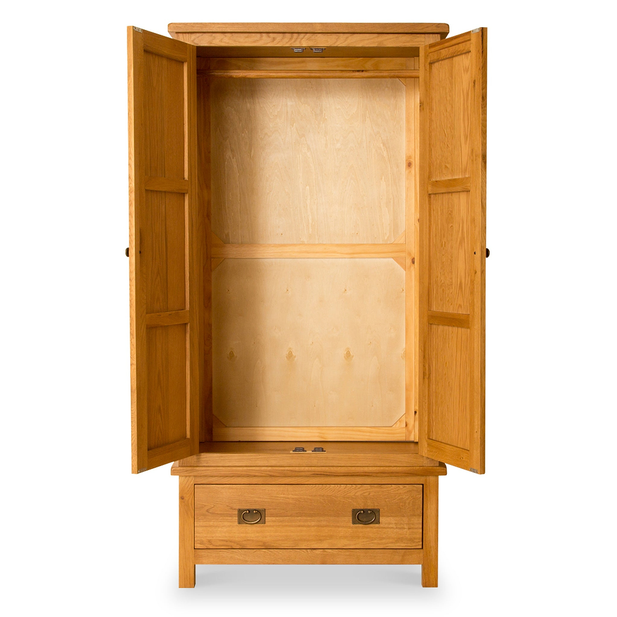 A wooden wardrobe with open doors and an empty drawer, against a white background.