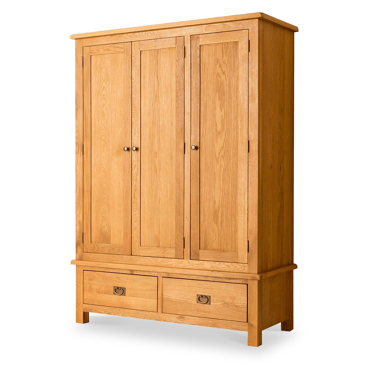 A wooden wardrobe with three doors above two drawers stands isolated against a white background.