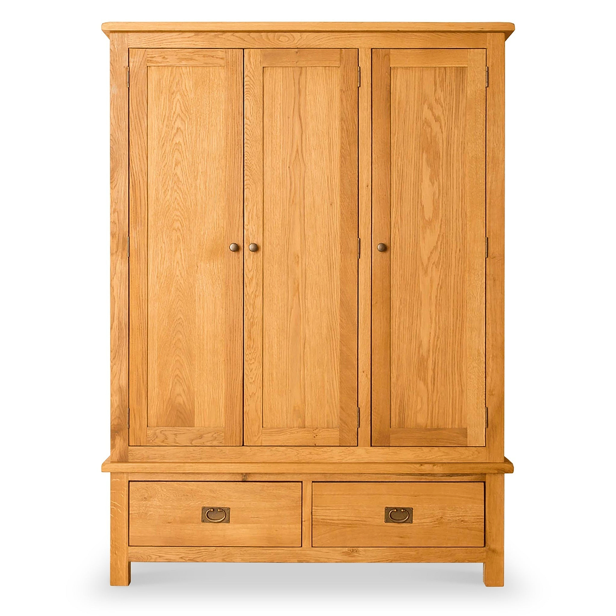 A wooden wardrobe with two doors above a drawer, standing against a white background.
