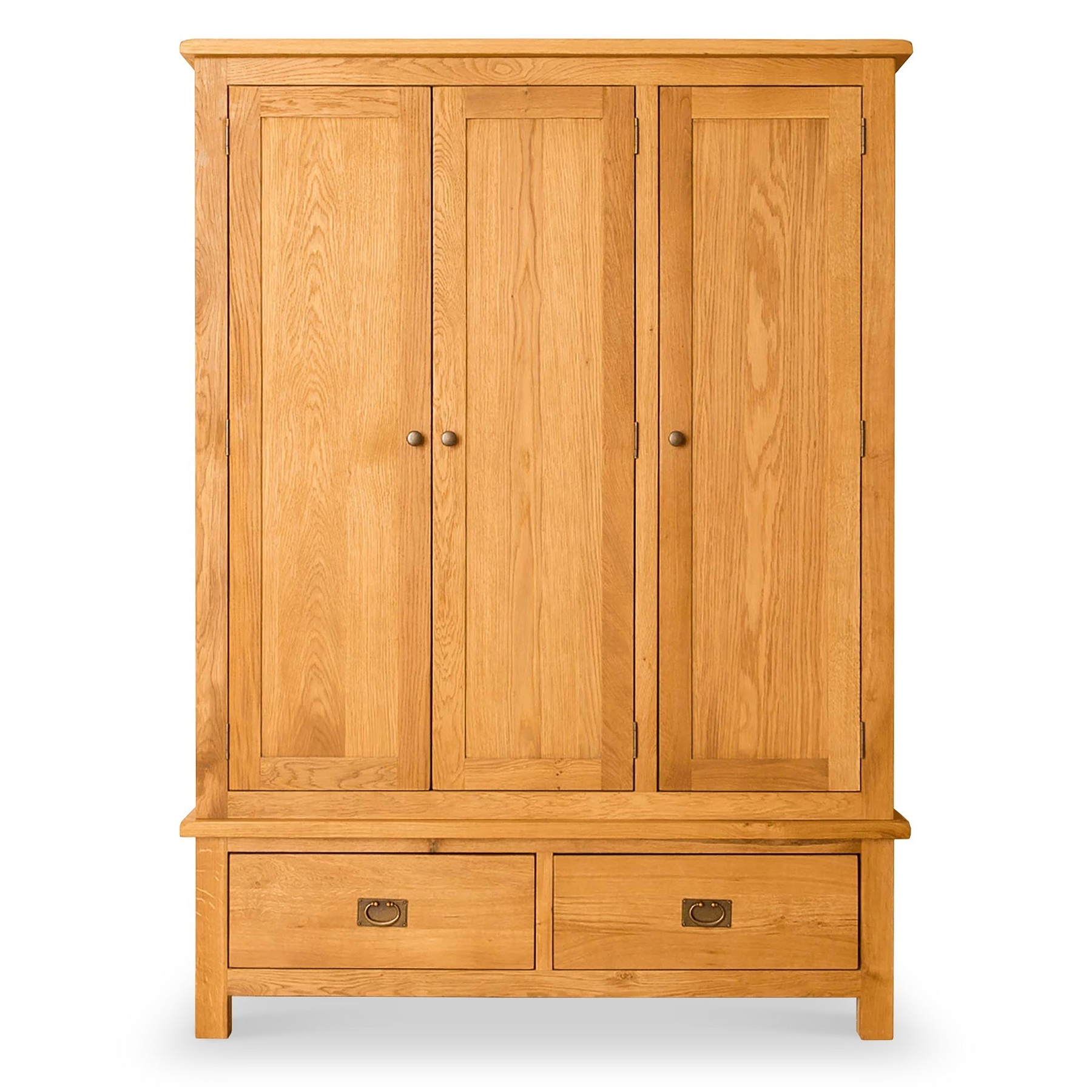 A wooden wardrobe with two doors above a drawer, standing against a white background.