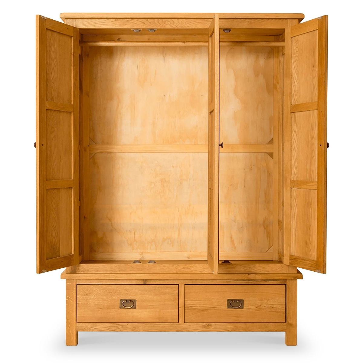 An open wooden armoire with empty shelves and two drawers below, isolated on a white background.