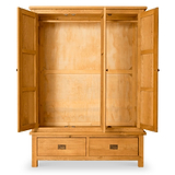 An open wooden armoire with empty shelves and two drawers below, isolated on a white background.