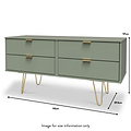 Moreno Olive Green Low 4 Drawer Chest with gold hairpin legs dimensions guide