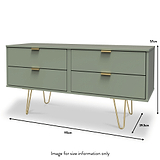 Moreno Olive Green Low 4 Drawer Chest with gold hairpin legs dimensions guide