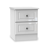 A white two-drawer bedside table with crystal knobs stands against a pure white background.