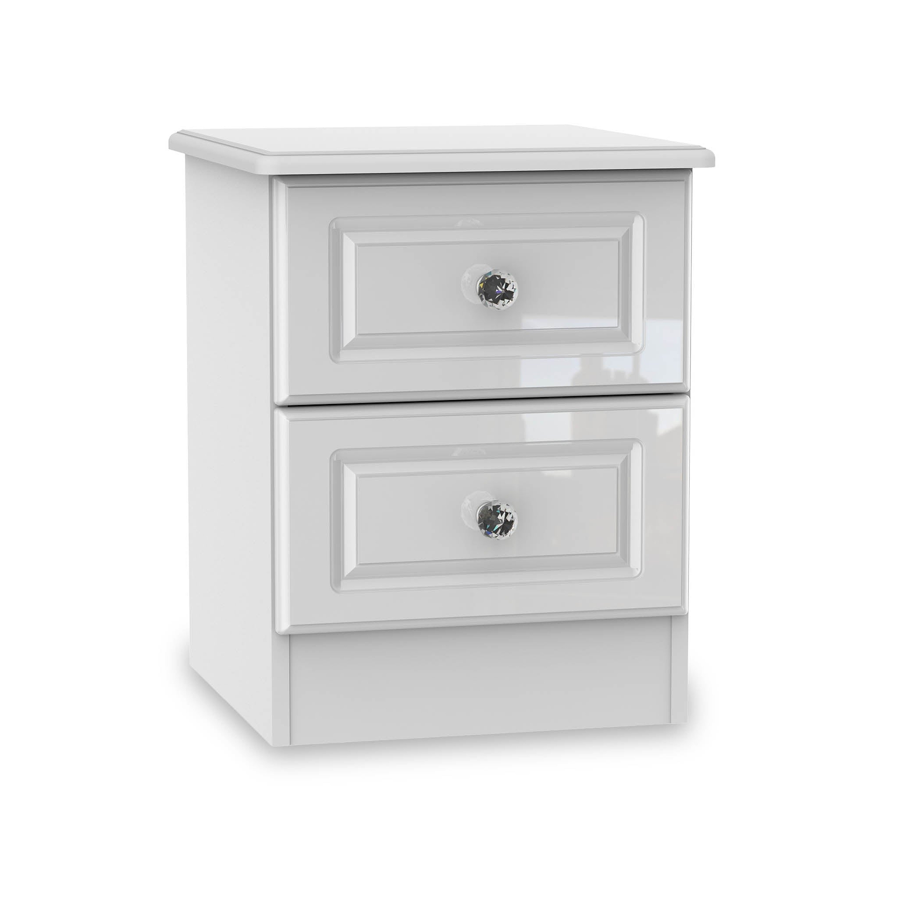 A white two-drawer bedside table with crystal knobs stands against a pure white background.