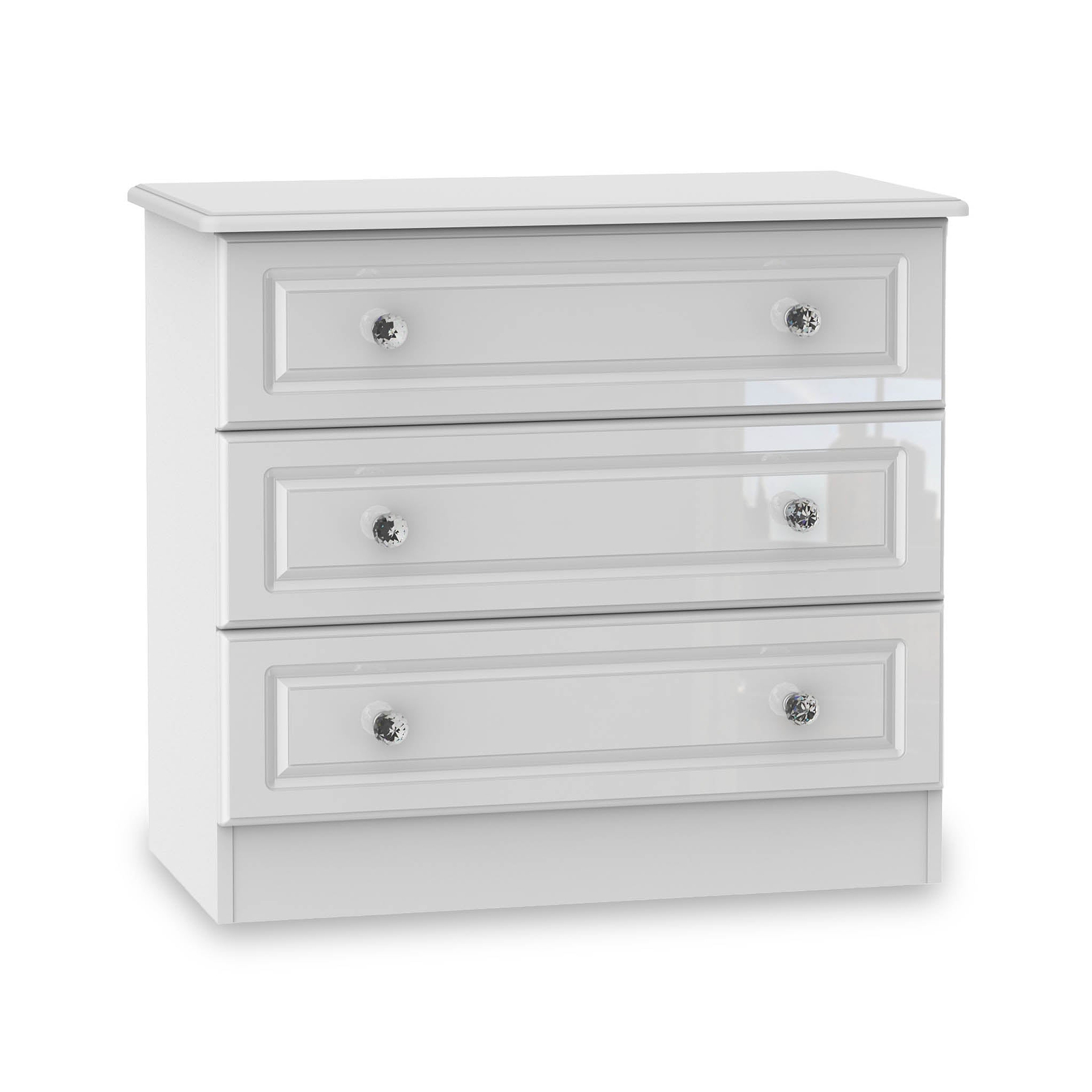 A white chest of drawers with three drawers, each featuring a clear, round knob. It stands isolated against a white background.
