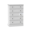 A white five-drawer chest stands against a plain, white background. Each drawer is closed, featuring silver knobs.