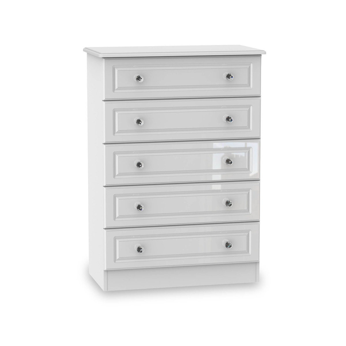 A white five-drawer chest stands against a plain, white background. Each drawer is closed, featuring silver knobs.