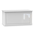 A rectangular white window with a transparent glass pane, reflecting a faint image of buildings, set against a plain, bright background.