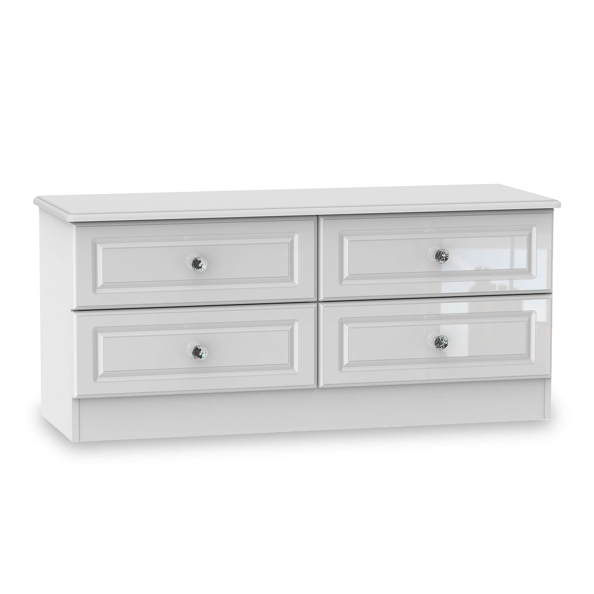 A white, low-profile TV stand with two shelves and four drawers, adorned with glass knobs, positioned against a white background.