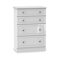 A white four-drawer chest stands isolated against a pure white background with silver knobs on each drawer.