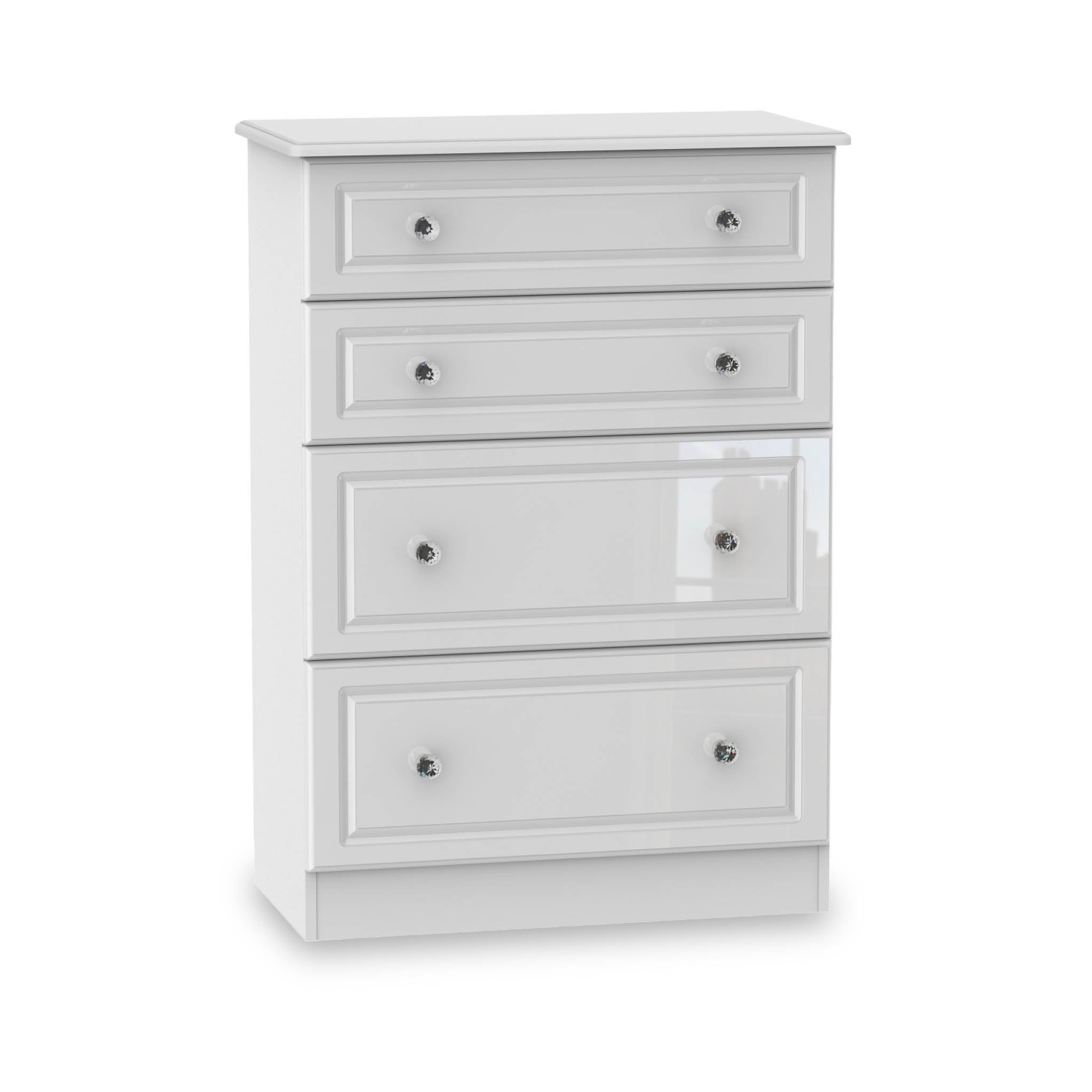 A white four-drawer chest stands isolated against a pure white background with silver knobs on each drawer.