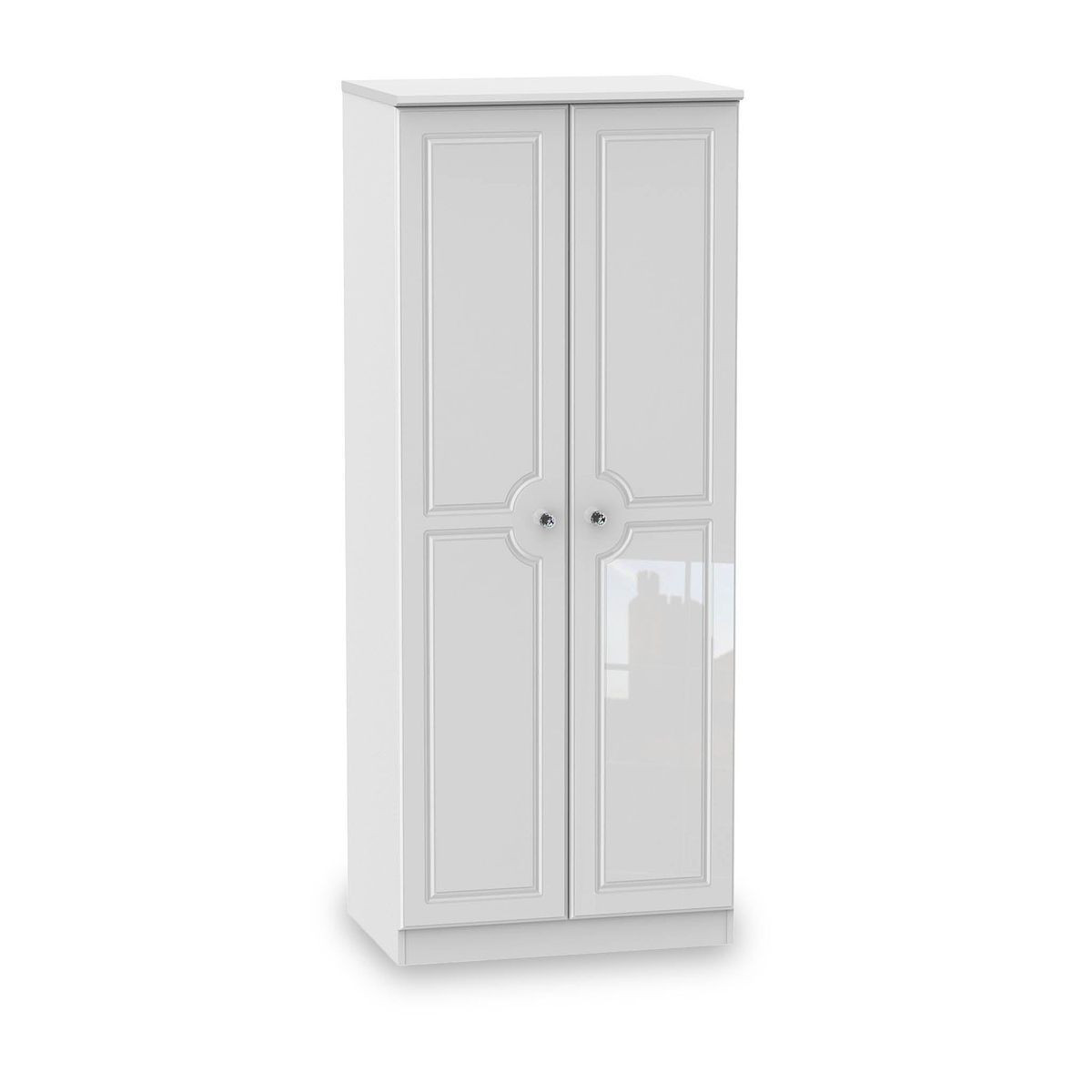 A white, freestanding wardrobe with closed double doors stands isolated against a plain, light background.
