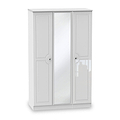 A white three-door wardrobe with a central mirrored panel stands isolated against a plain background.