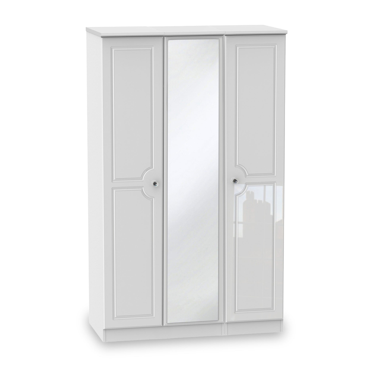 A white three-door wardrobe with a central mirrored panel stands isolated against a plain background.