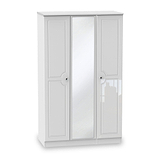 A white three-door wardrobe with a central mirrored panel stands isolated against a plain background.
