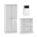 A white wardrobe, bedside cabinet, and chest of drawers on a seamless background, representing modern, simplistic furniture design isolated for display purposes.