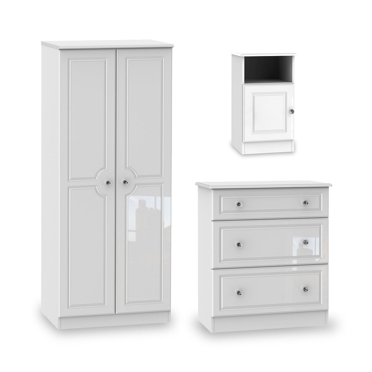 A white wardrobe, bedside cabinet, and chest of drawers on a seamless background, representing modern, simplistic furniture design isolated for display purposes.